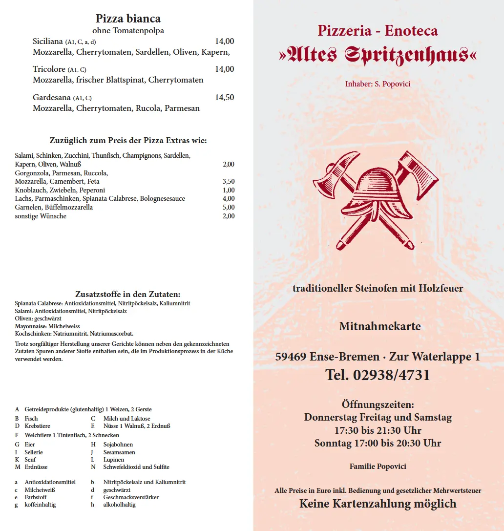 Speisekarte der Pizzeria Enoteca Altes Spritzenhaus mit Pizza Bianca, Steinofen mit Holzfeuer und Abholangebot in Ense-Bremen