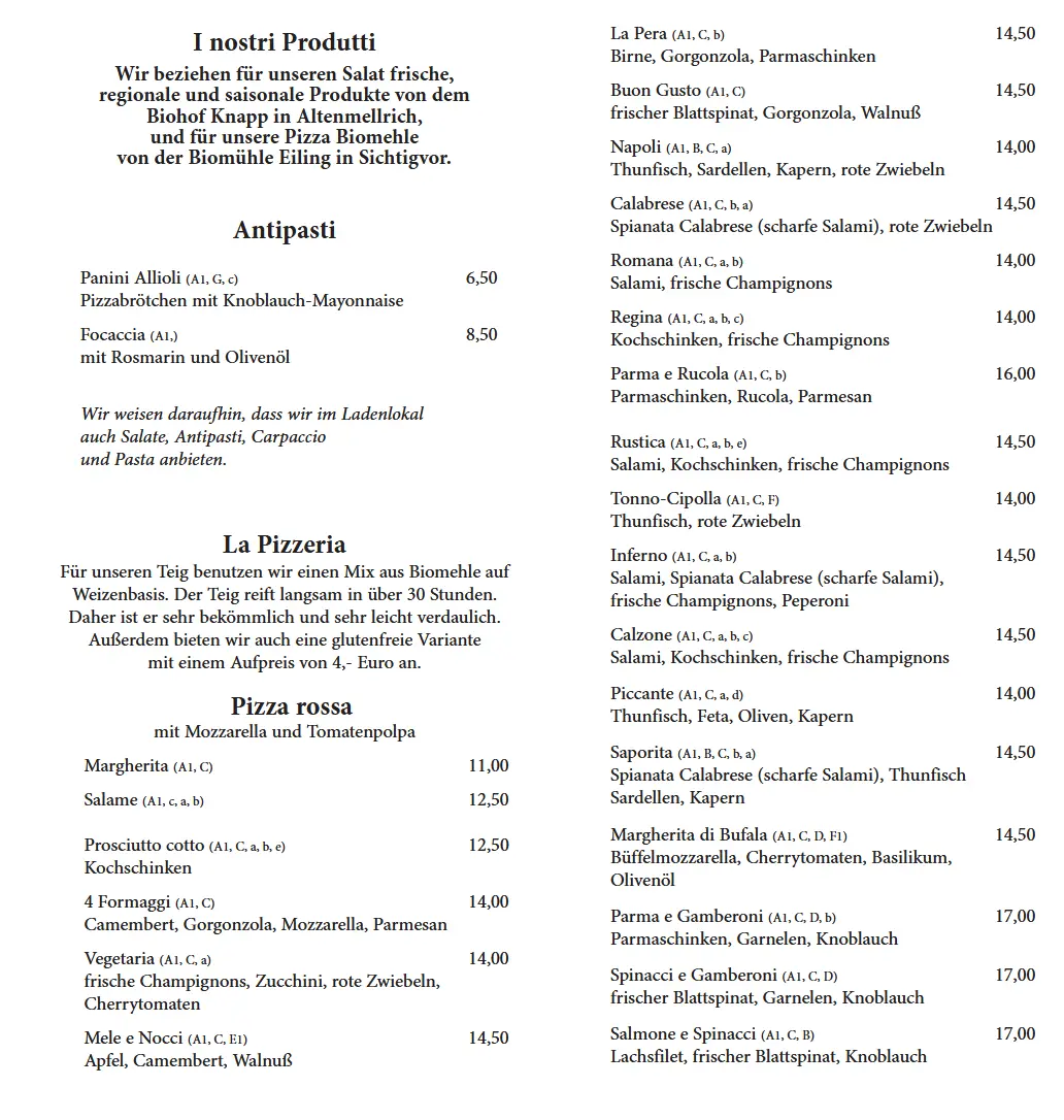 Deutsche Speisekarte der Pizzeria Enoteca mit regionalen Produkten, Antipasti und vielfältigen Pizzen mit frischen Zutaten